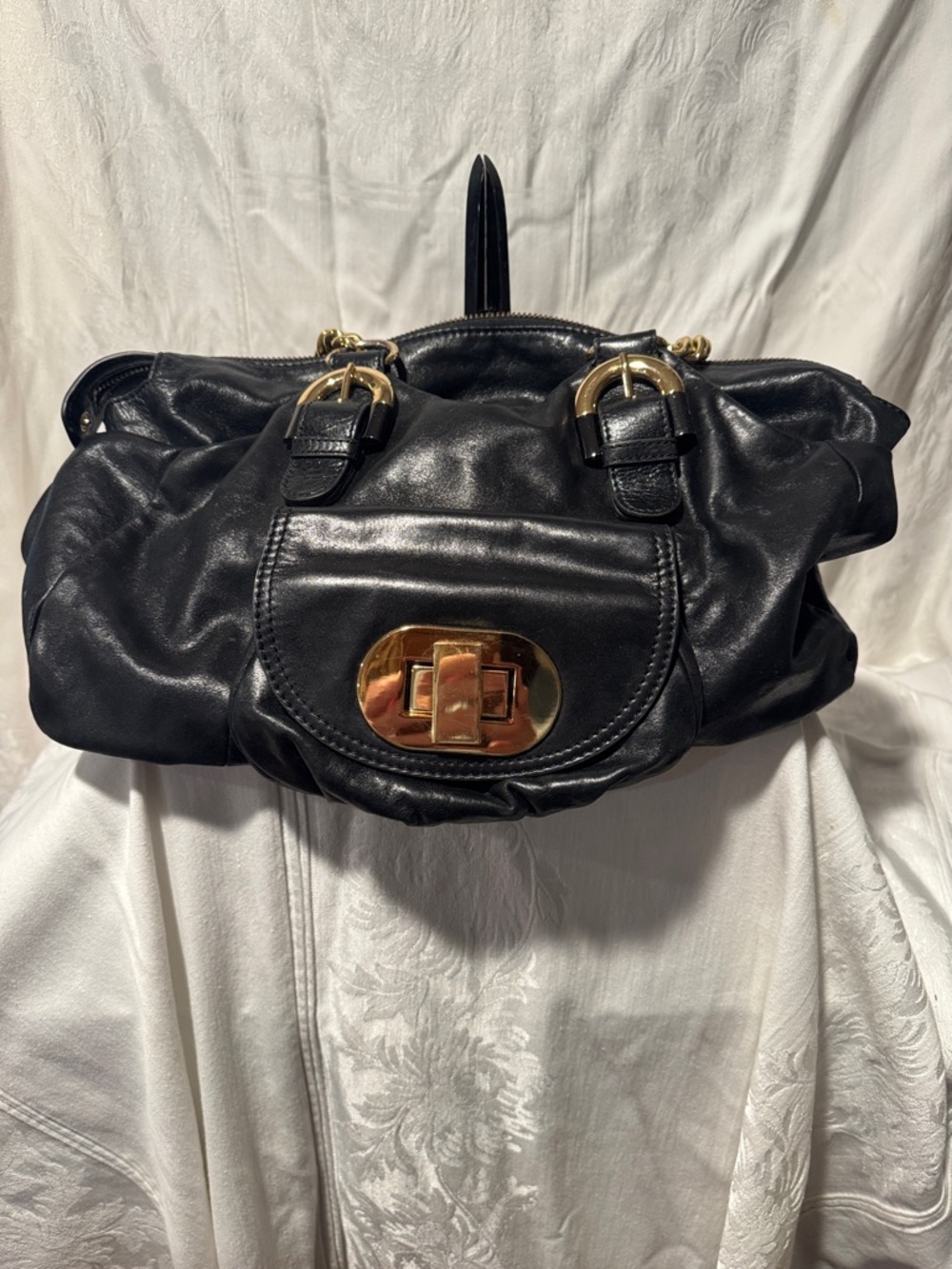 Gorgeous Badgley Mischka Black Leather Shoulder Bag with Gold Hardware